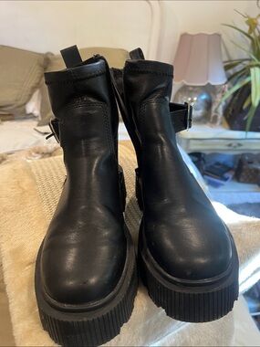 Zara Black Chunky Platform Combat Boots with Ankle Buckle